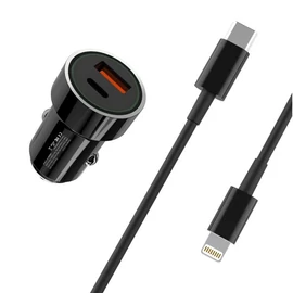 XO TZ11 20W Autós gyorstöltő szett lightning kábellel fekete 3A