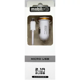 Autós töltő szett 2 USB port 2.1A micro USB kábellel fehér