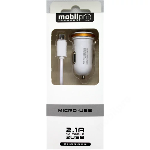 Autós töltő szett 2 USB port 2.1A micro USB kábellel fehér